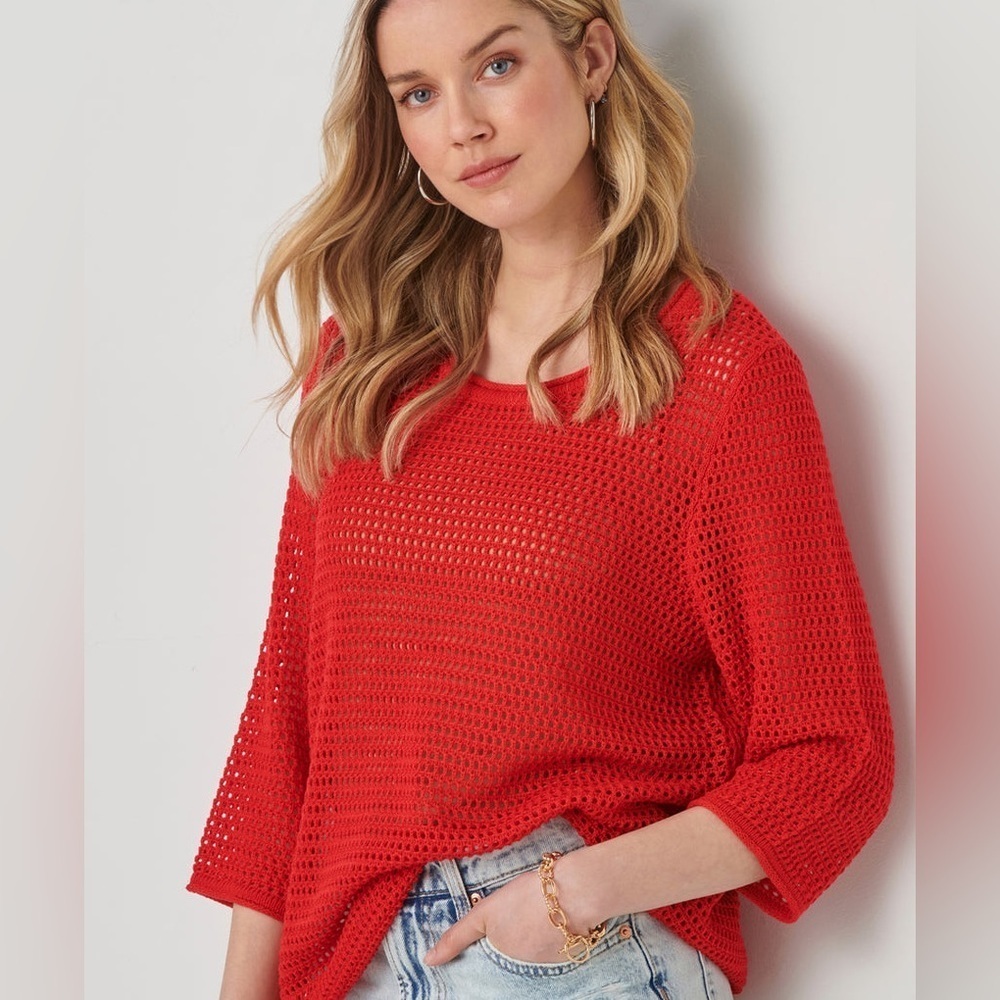 NWOT Red Charlie Paige Chunky Open Mesh Knit Short 3/4 Sleeve Sweater Top Medium